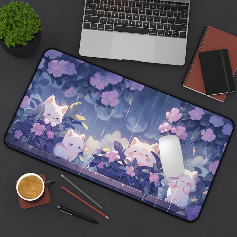 Gaming Accessories Officeworks - 雨の中のカワイイ猫大型ゲーミングマウスパッド、デスクマット、デスクパッド、かわいいゲームアクセサリー、事務、紫、900x400、xxl